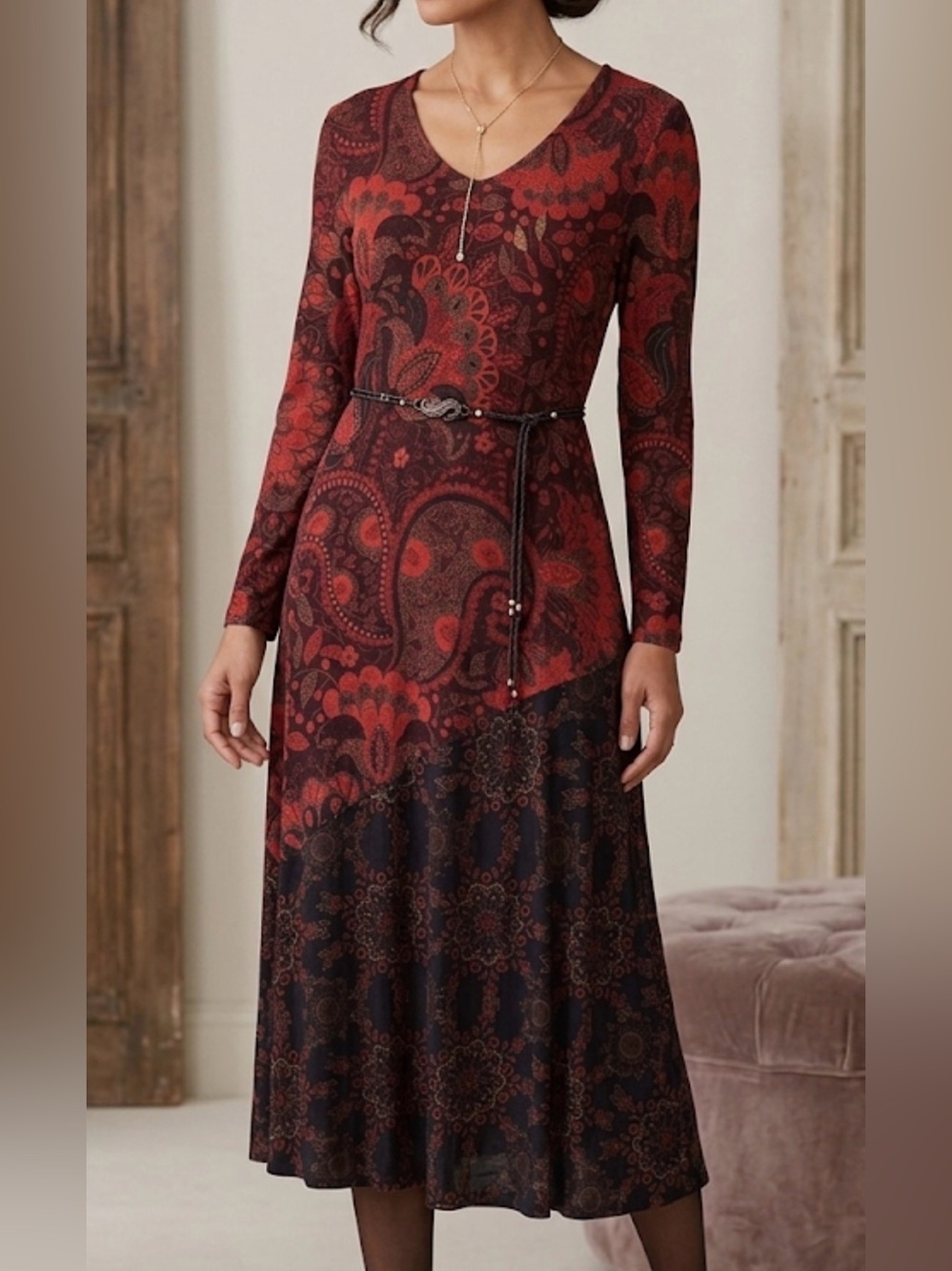 Soft Surroundings Red Black Paisley Floral V-Neck Midi Dress Petite XS 3BN36 - Picture 1 of 12